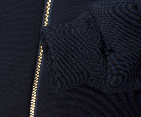 Thom Browne Merino Wool Jersey Stitch Padded 4-Bar Zip up Hooded Jacket Navy