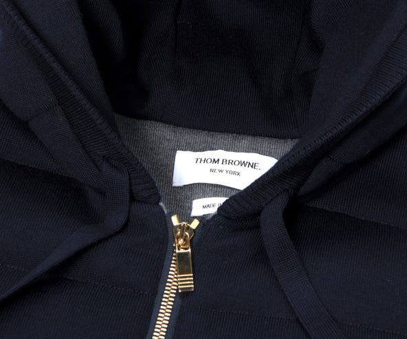 Thom Browne Merino Wool Jersey Stitch Padded 4-Bar Zip up Hooded Jacket Navy