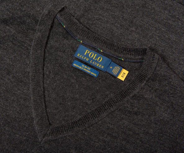 Polo Ralph Lauren Slim Fit Washable Wool V-Neck Sweater Dark Granite Heather