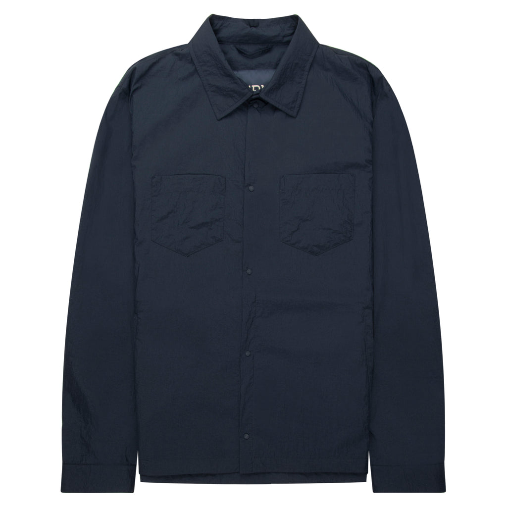 Navy blue shirt with two front pockets on a white background
