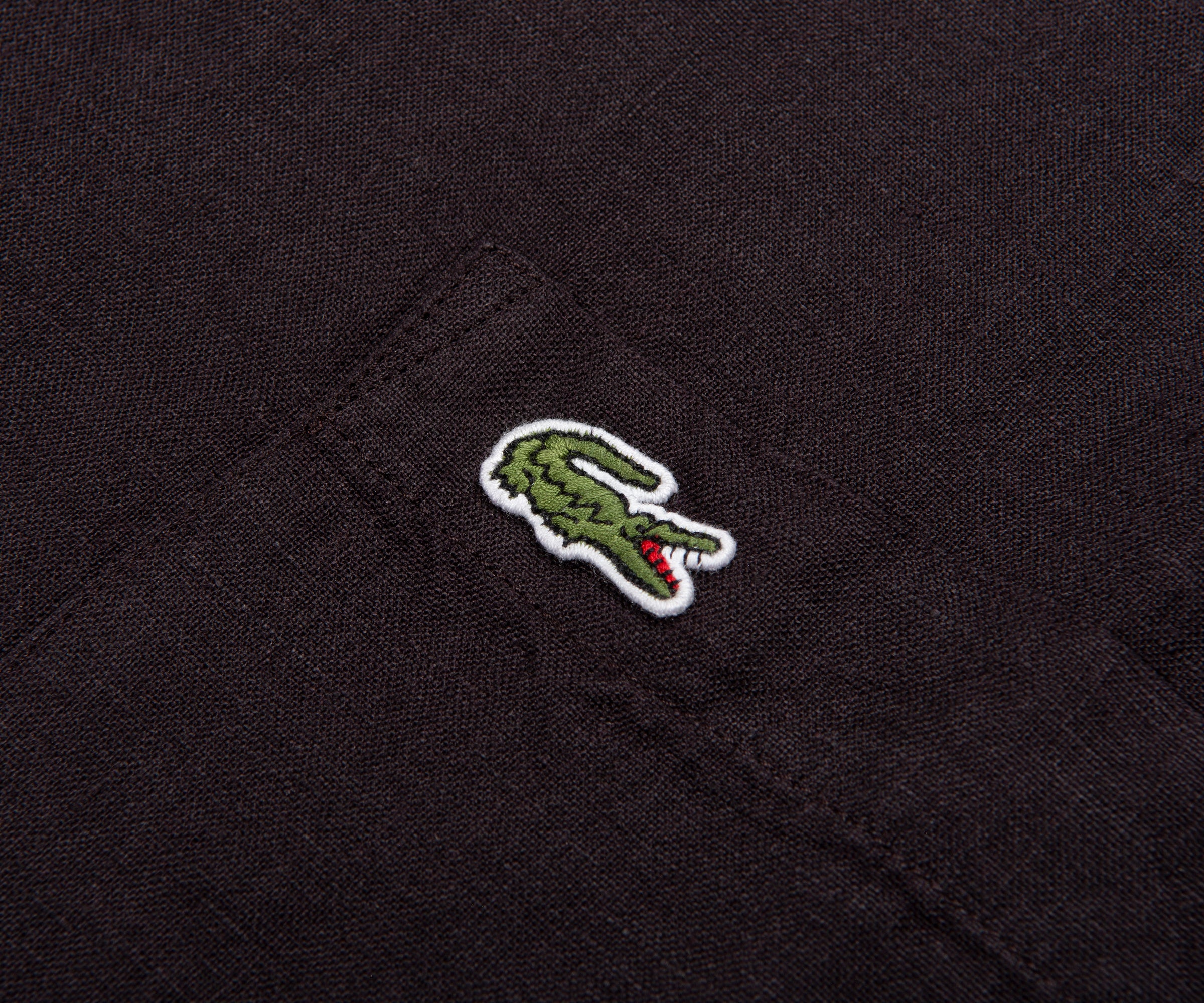 Close-up of a black fabric with a green and red embroidered crocodile logo.