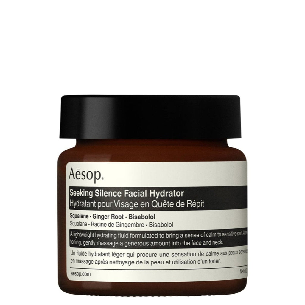Aesop Seeking Silence Facial Hydrator in a small brown glass jar with a white label.