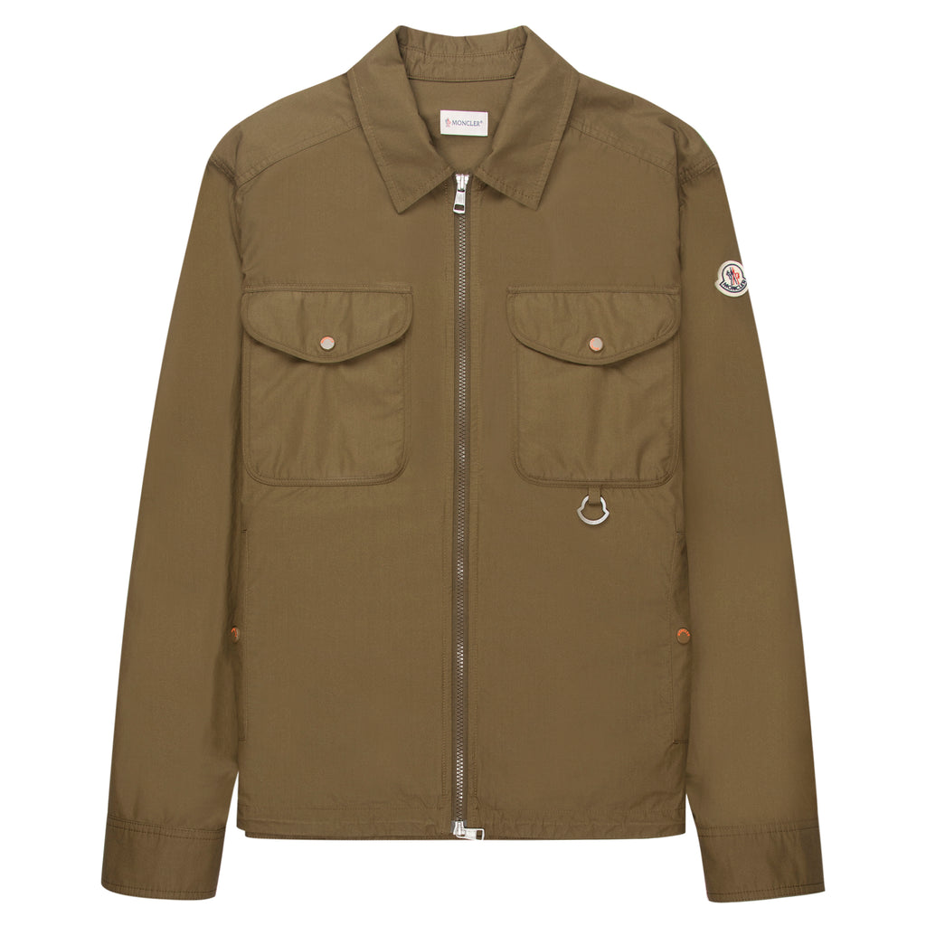 Brown jacket with two front pockets and a brand logo on a white background
