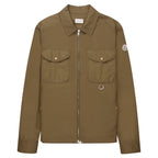 Brown jacket with two front pockets and a brand logo on a white background