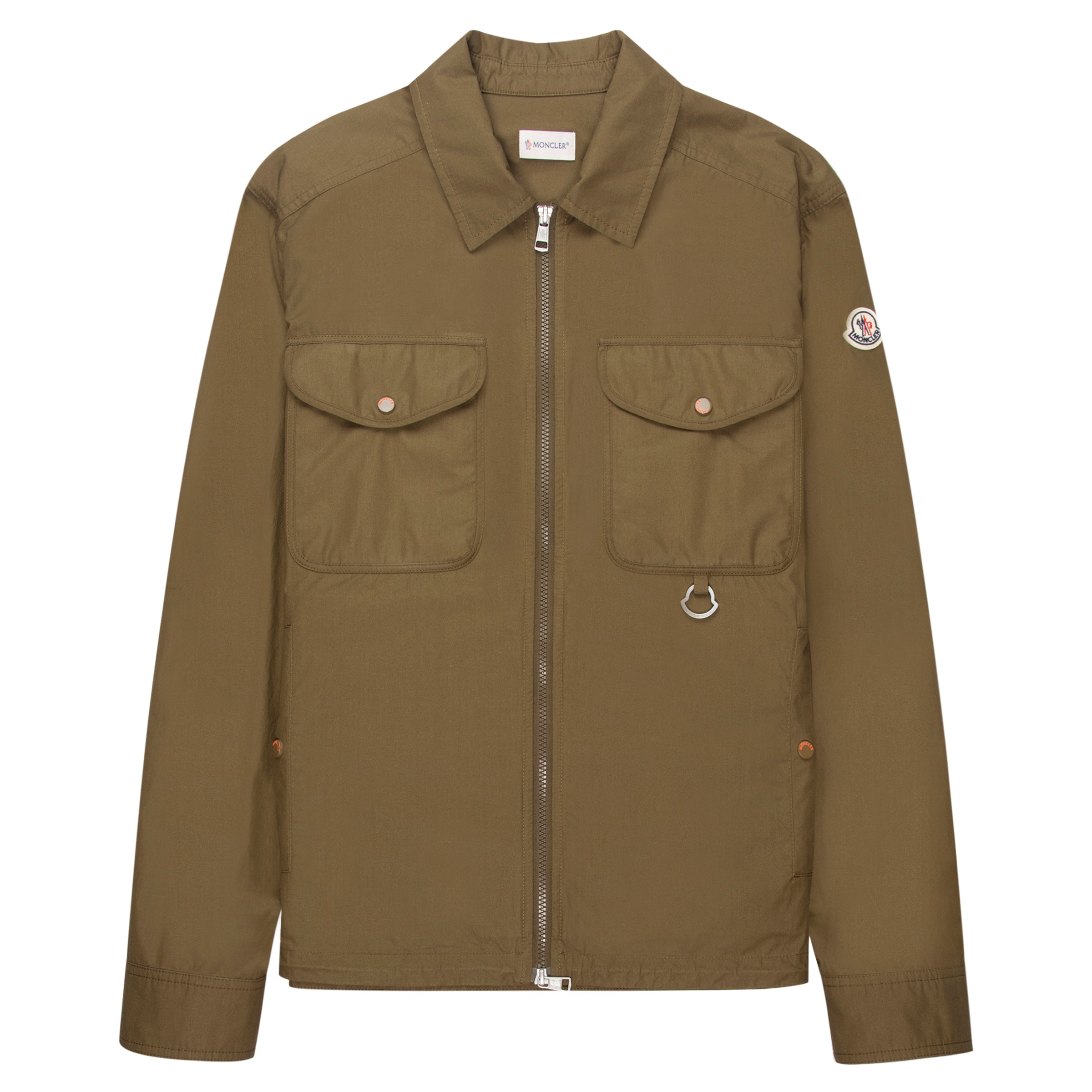 Brown jacket with two front pockets and a brand logo on a white background