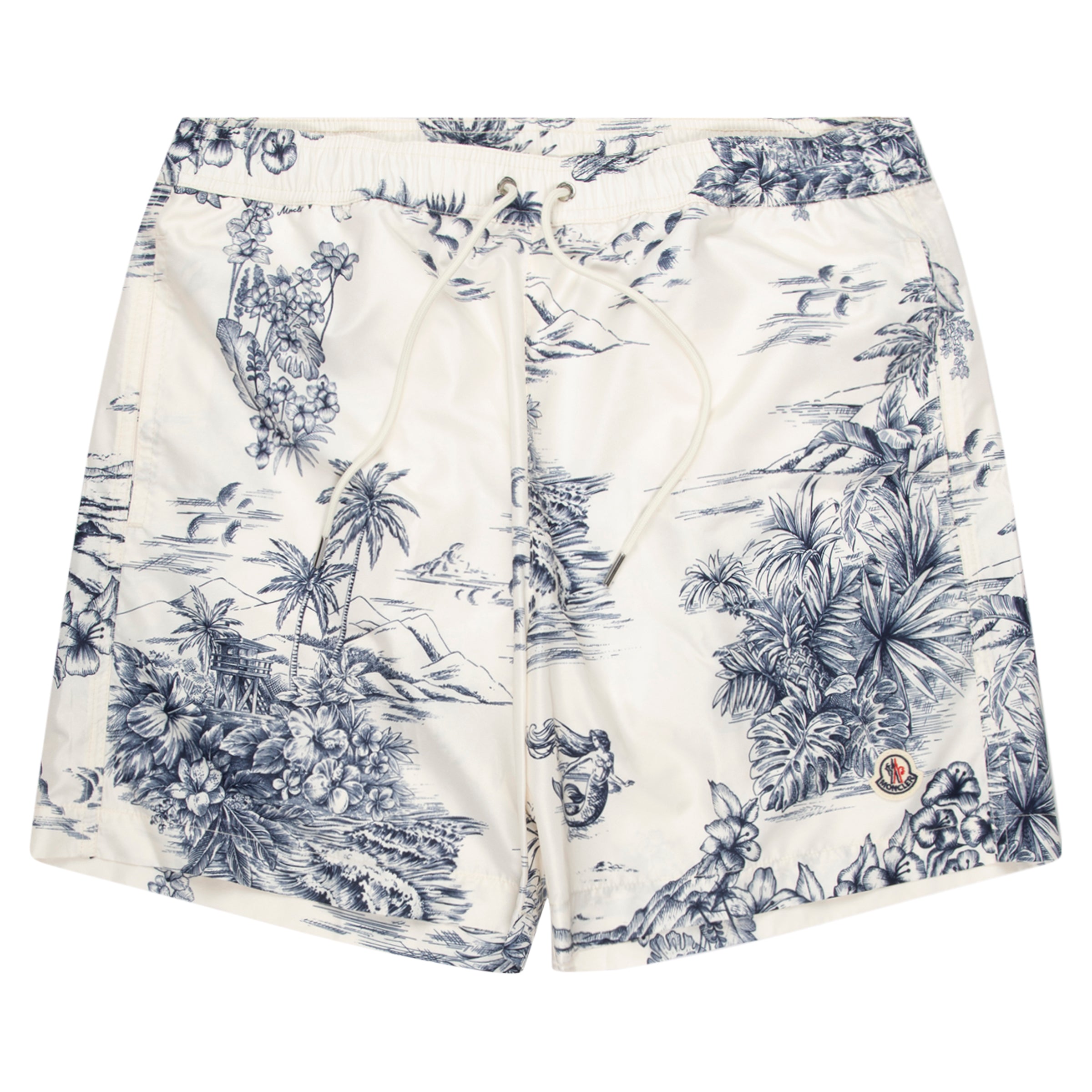White shorts with blue floral pattern on a white background