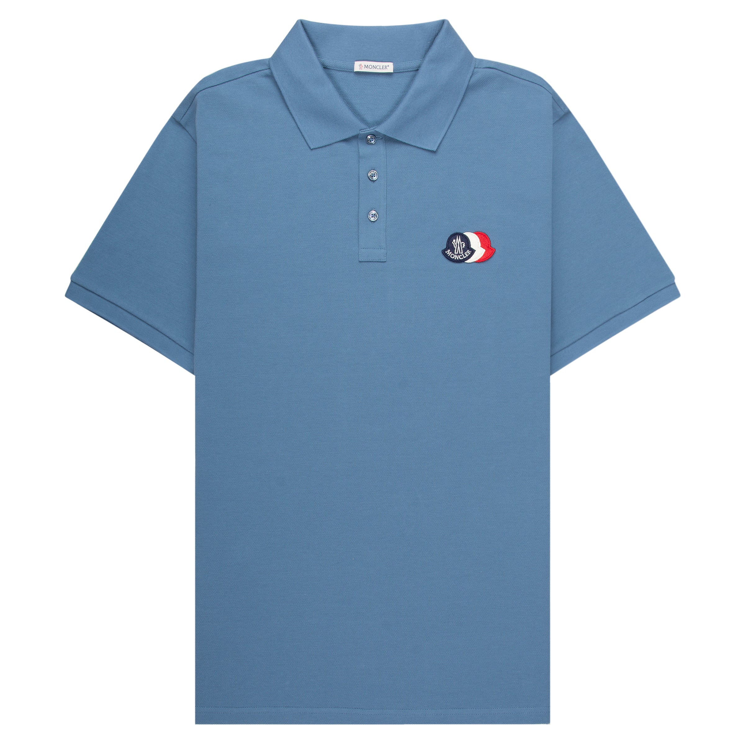 Blue polo shirt with a logo on a white background
