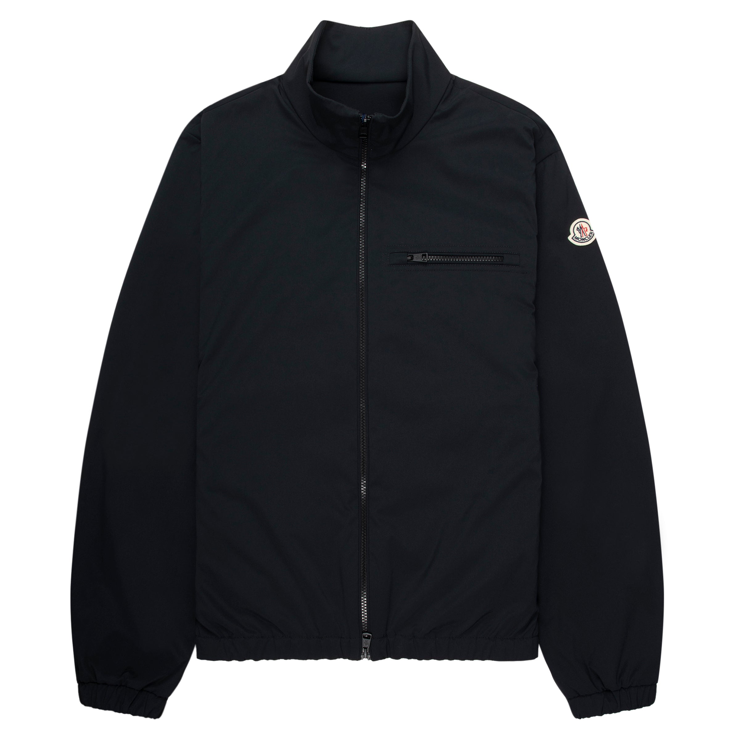 Black jacket with a brand logo on the sleeve against a white background