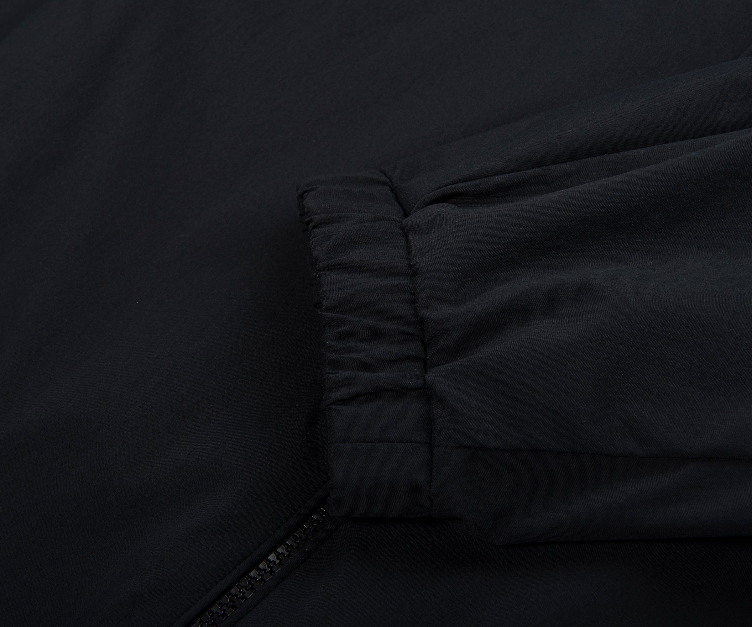 Close-up of a black quilted jacket with zipper detail