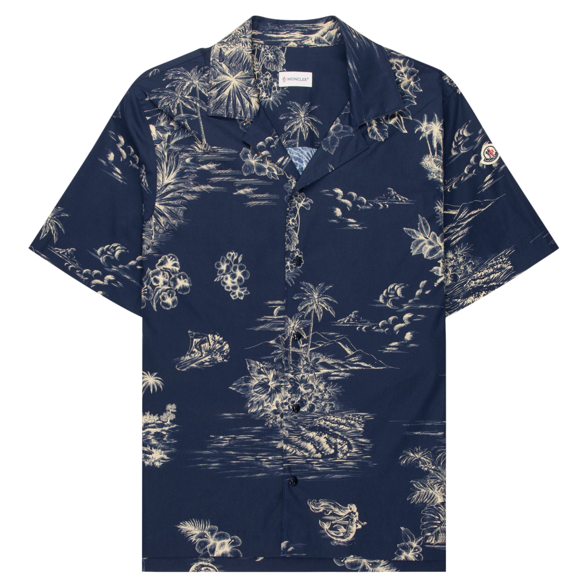 Navy blue shirt with white floral pattern on a white background