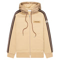Beige hoodie with black stripes on sleeves and Moncler logo on chest, on a white background