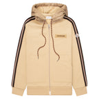 Beige hoodie with black stripes on sleeves and Moncler logo on chest, on a white background
