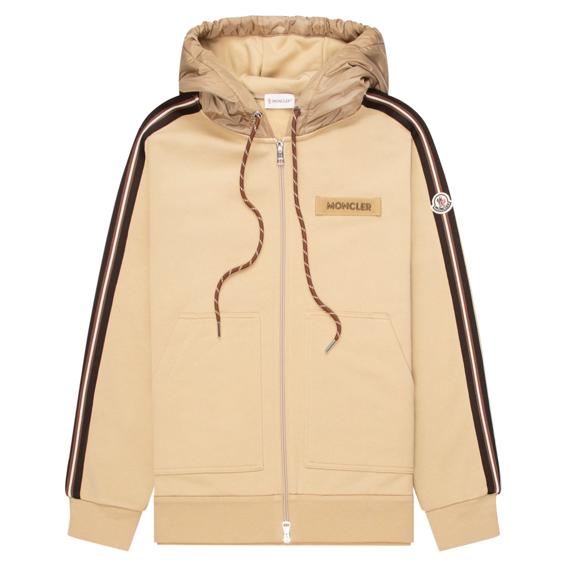 Beige hoodie with black stripes on sleeves and Moncler logo on chest, on a white background