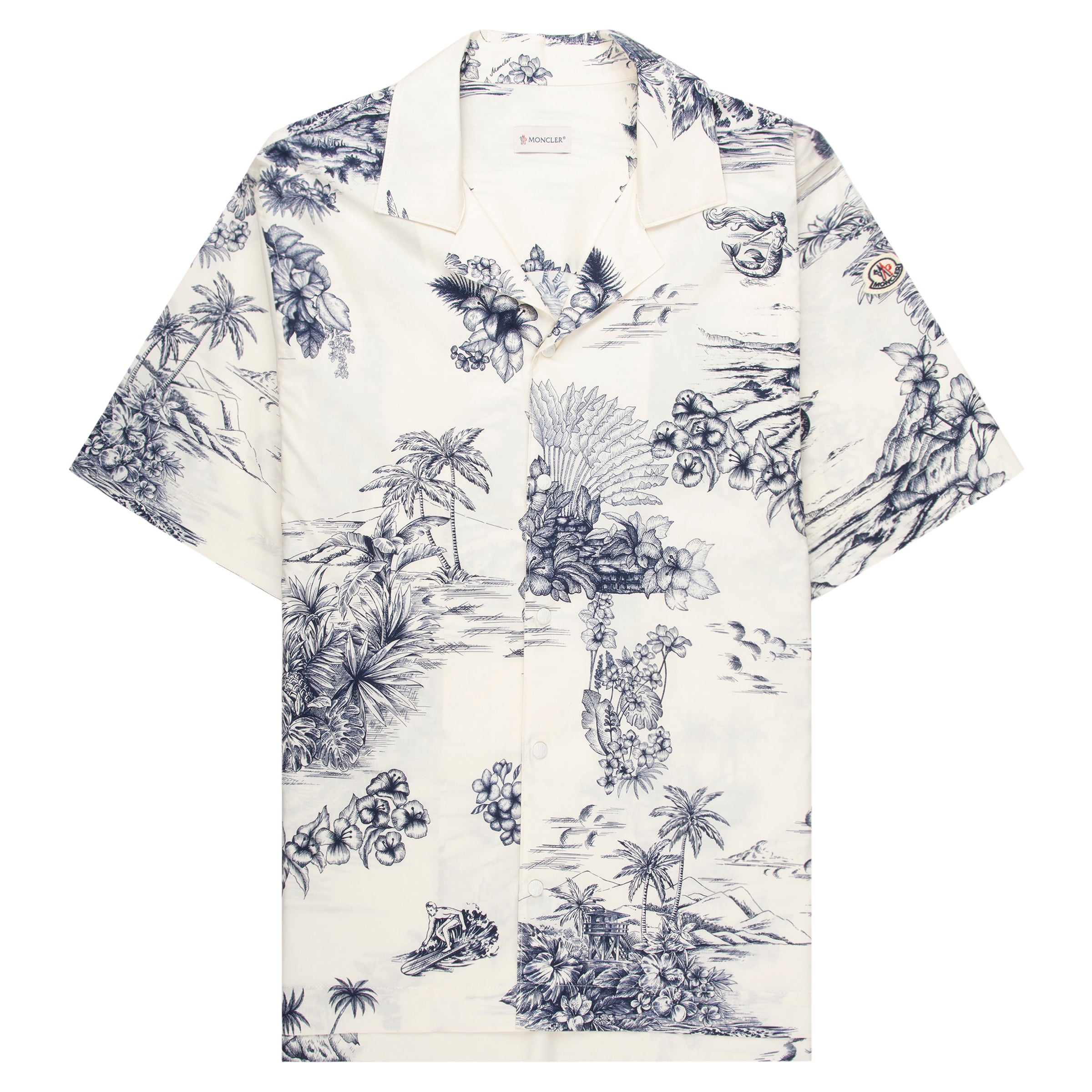 White shirt with blue tropical pattern on a white background