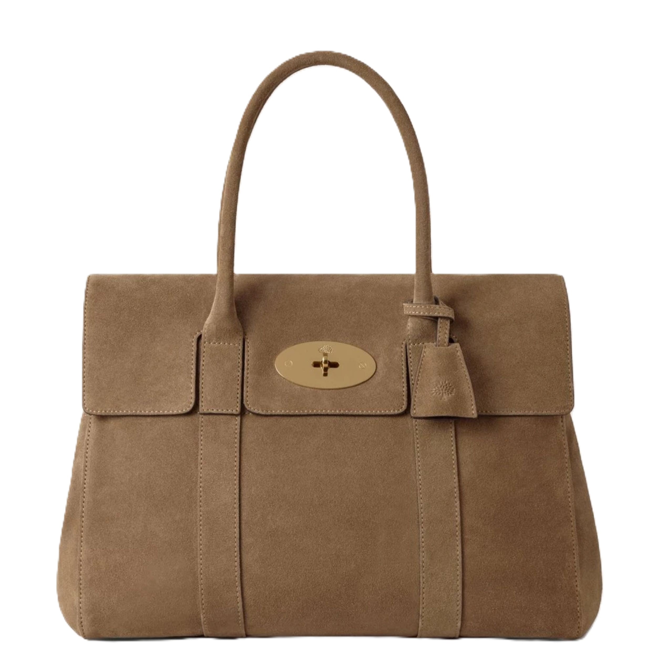 Brown suede handbag with a gold emblem on a white background