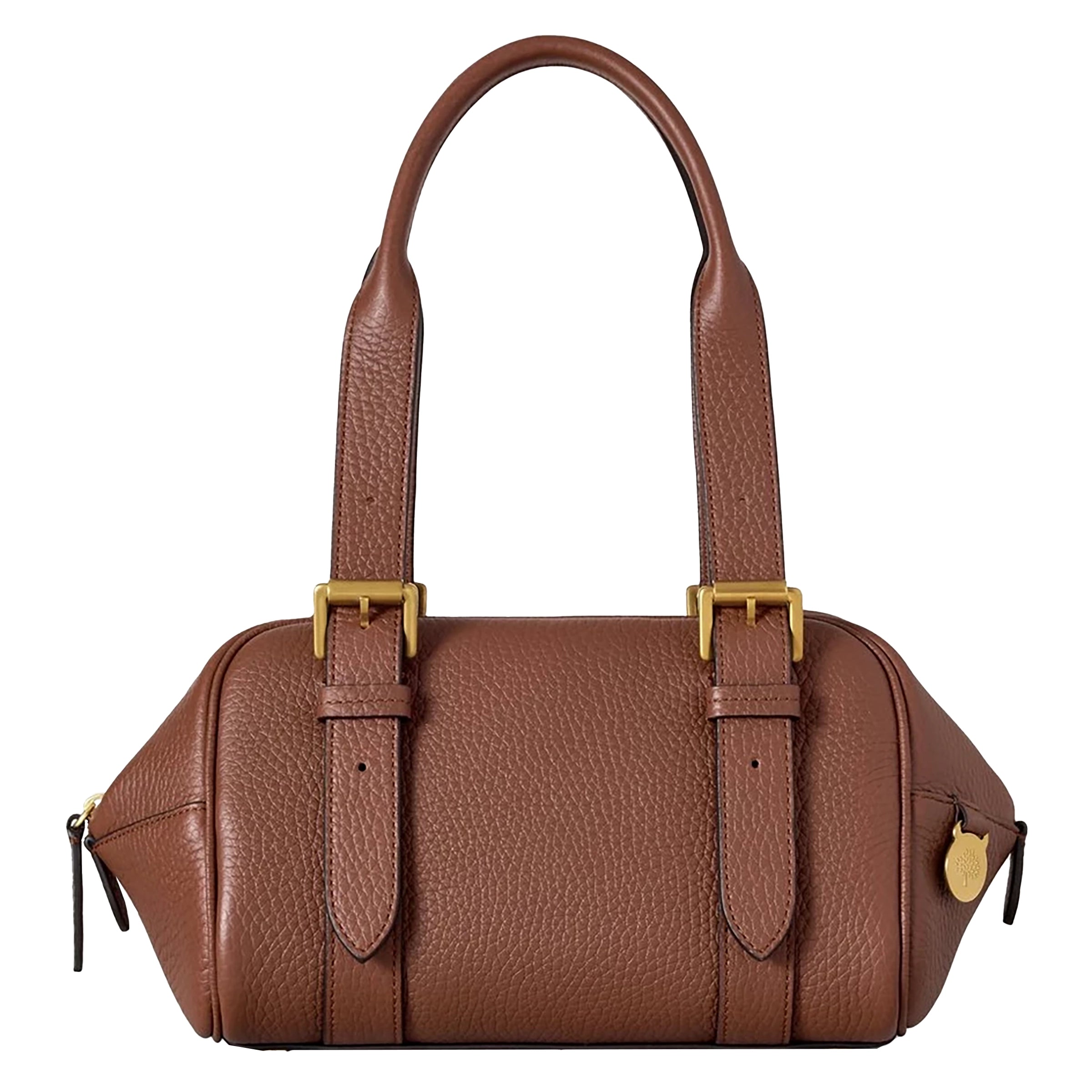 Brown leather handbag with gold hardware on a white background