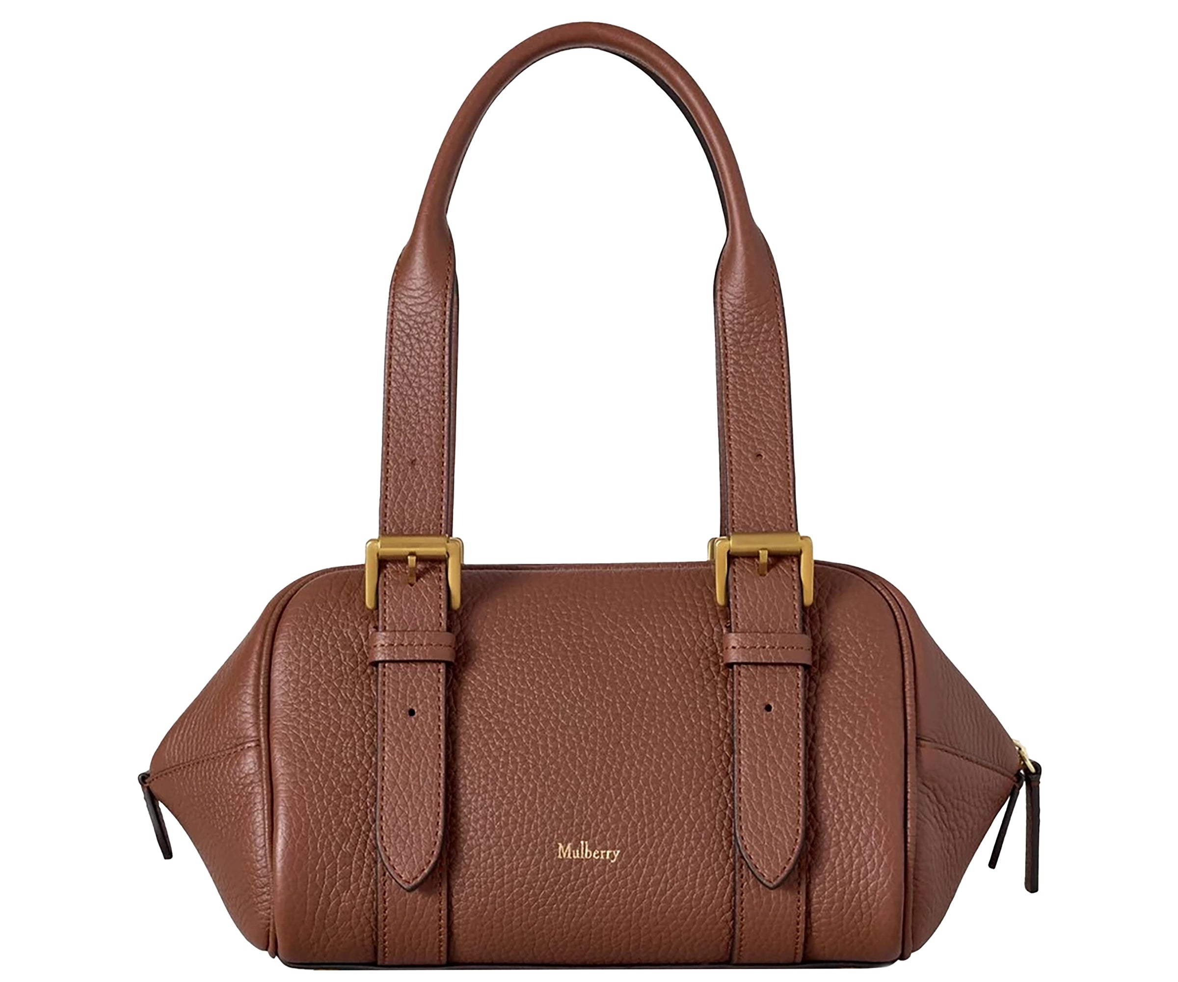 Brown leather handbag with gold accents on a white background