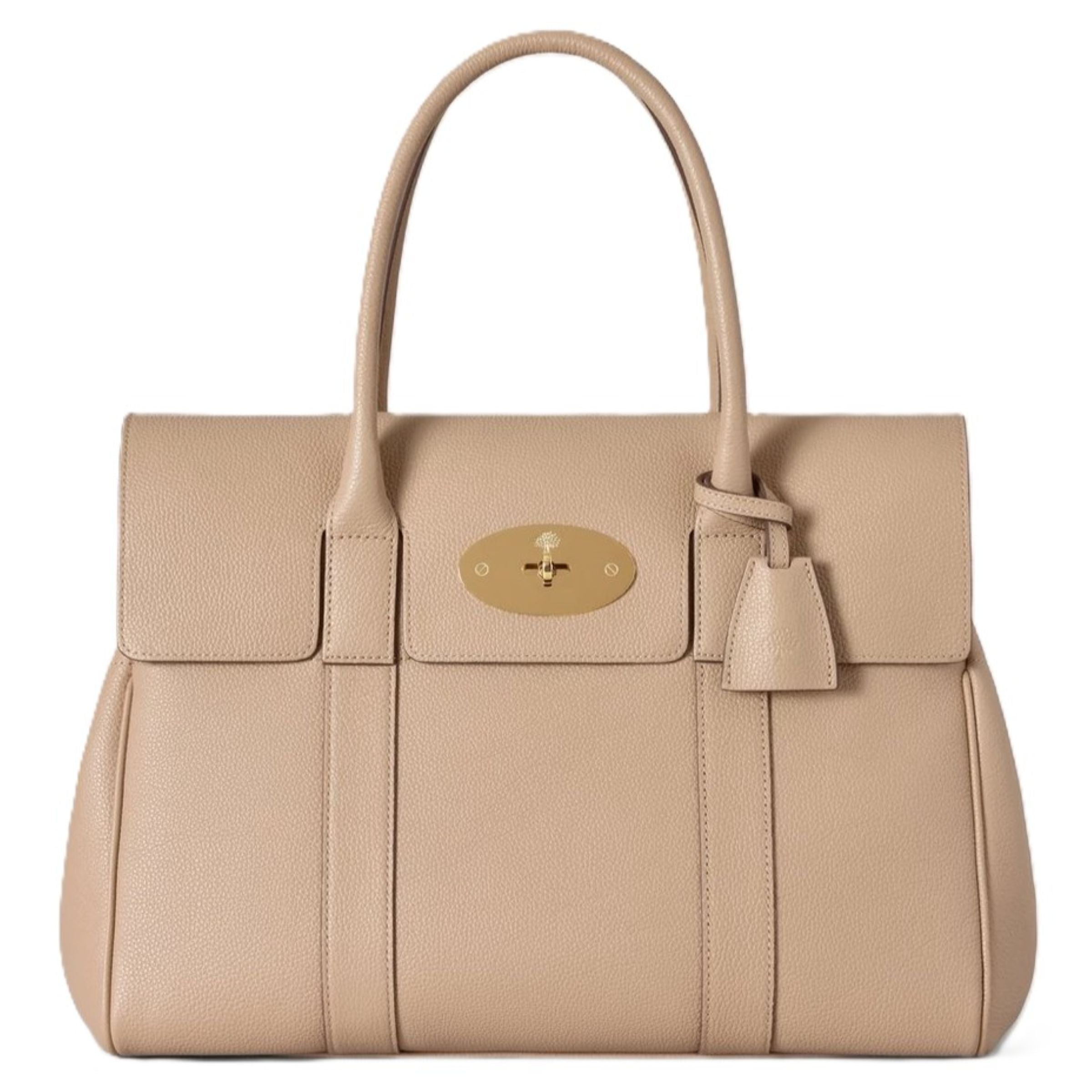 Beige handbag with a gold emblem on a white background
