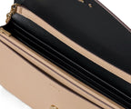Close-up of a beige handbag with a black interior on a white background