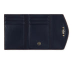 Black leather wallet with a gold logo on a white background