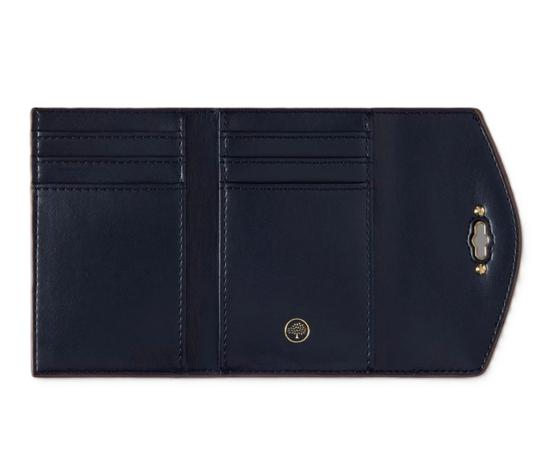 Black leather wallet with a gold logo on a white background
