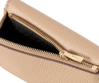 Beige handbag with gold zipper and Mulberry logo on a white background