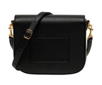 Black leather bag with gold hardware on a light gray background