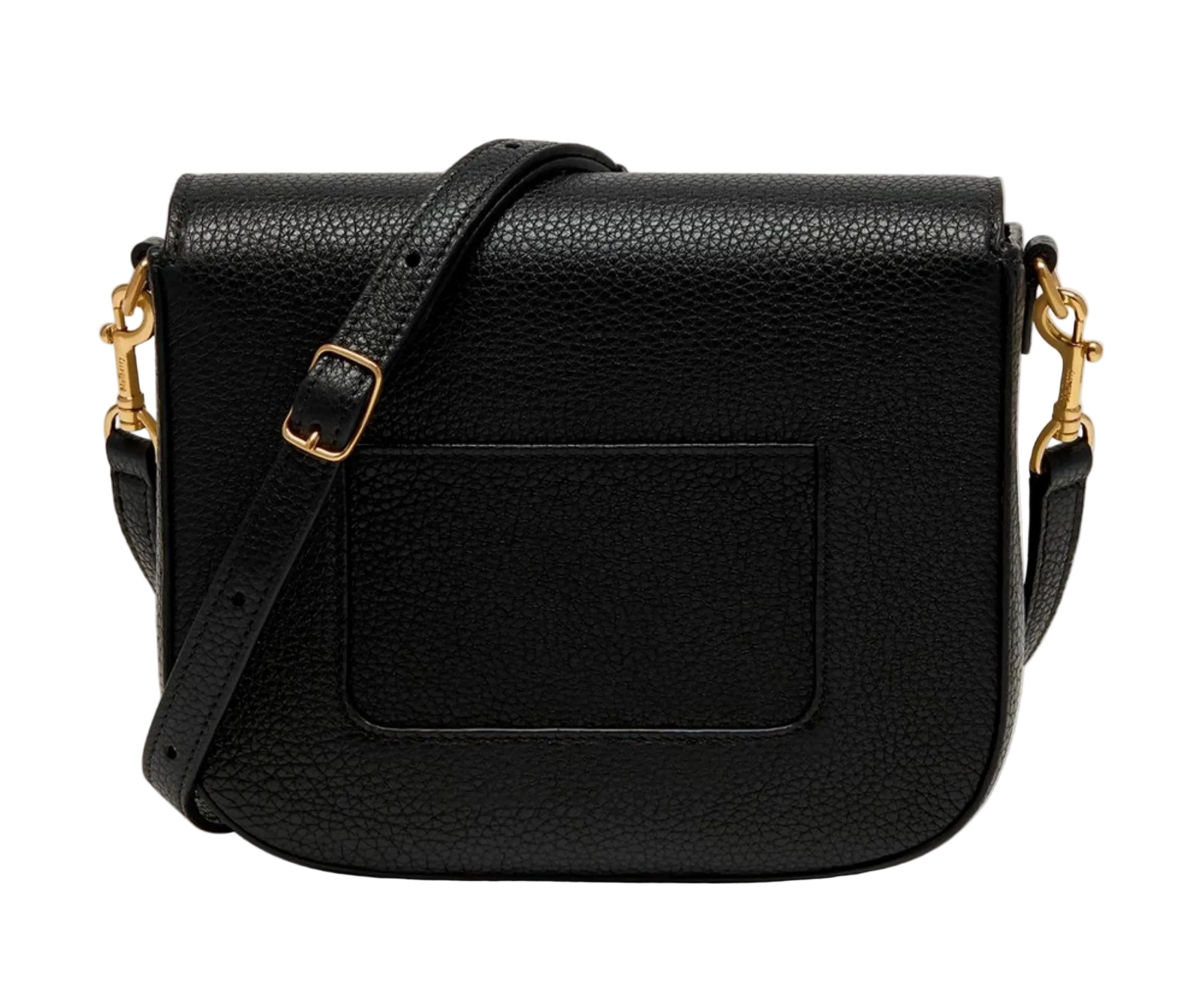 Black leather bag with gold hardware on a light gray background