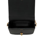 Black handbag with gold accents on a white background