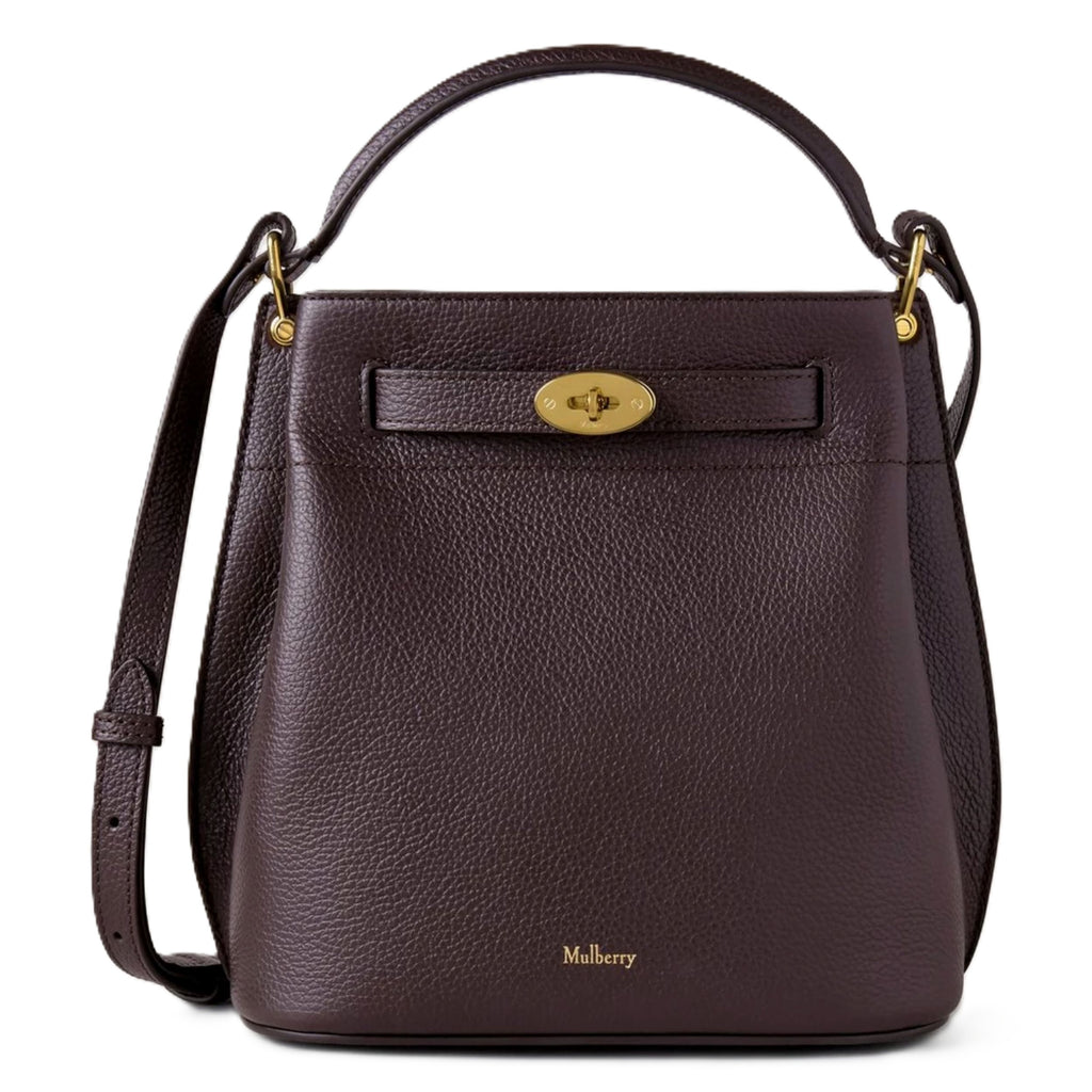 Brown leather handbag with gold accents on a white background