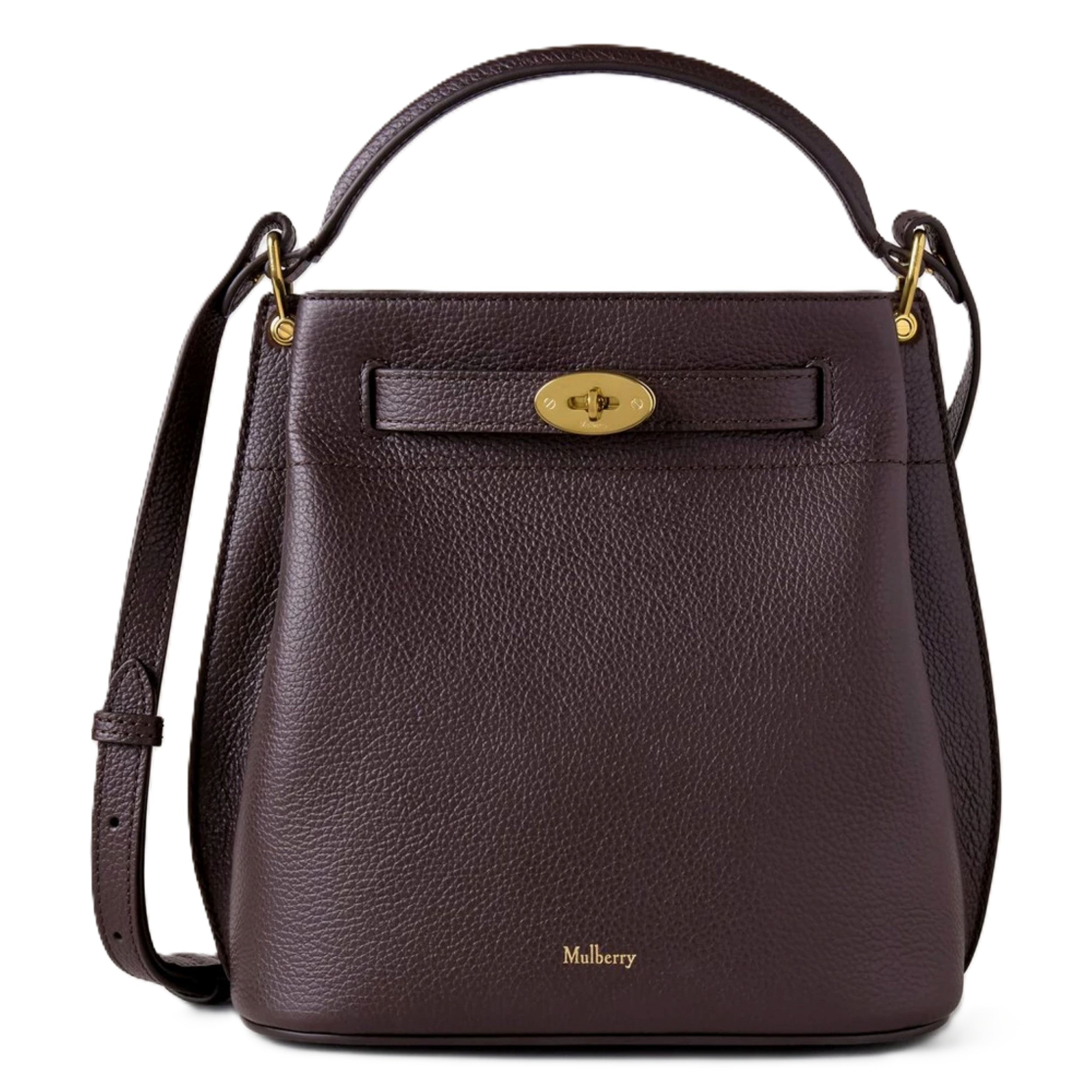 Brown leather handbag with gold accents on a white background