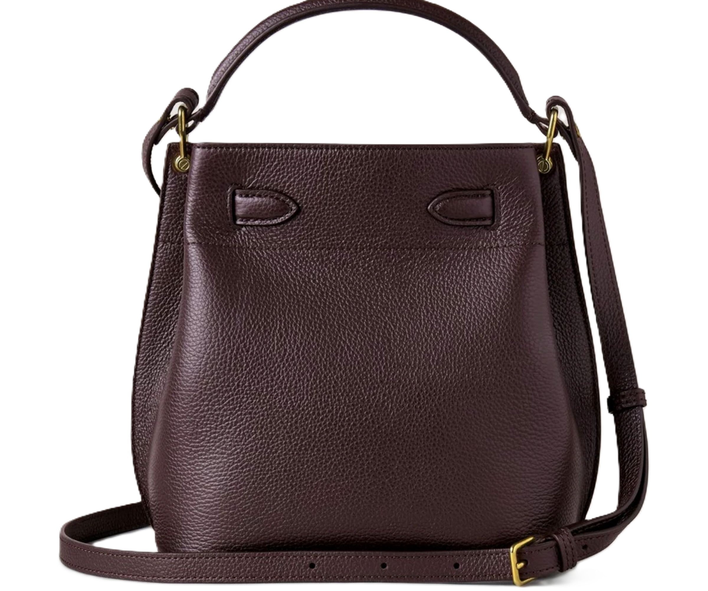 Brown leather handbag with a strap on a white background