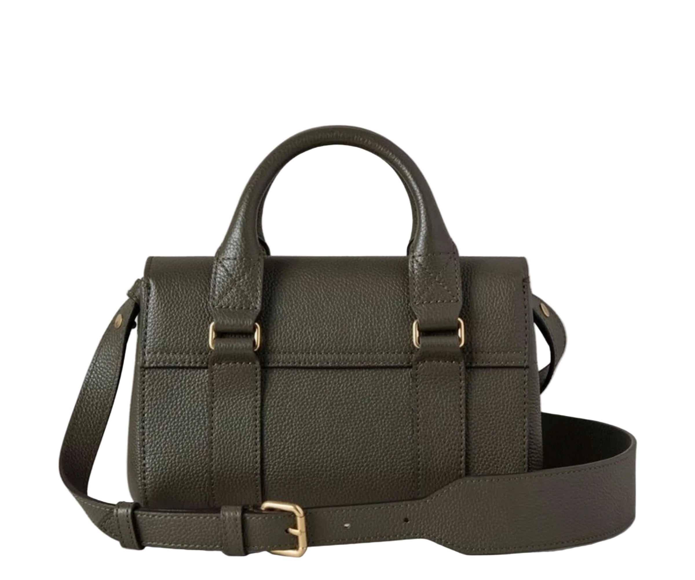 Green leather satchel bag with gold buckles on a light gray background