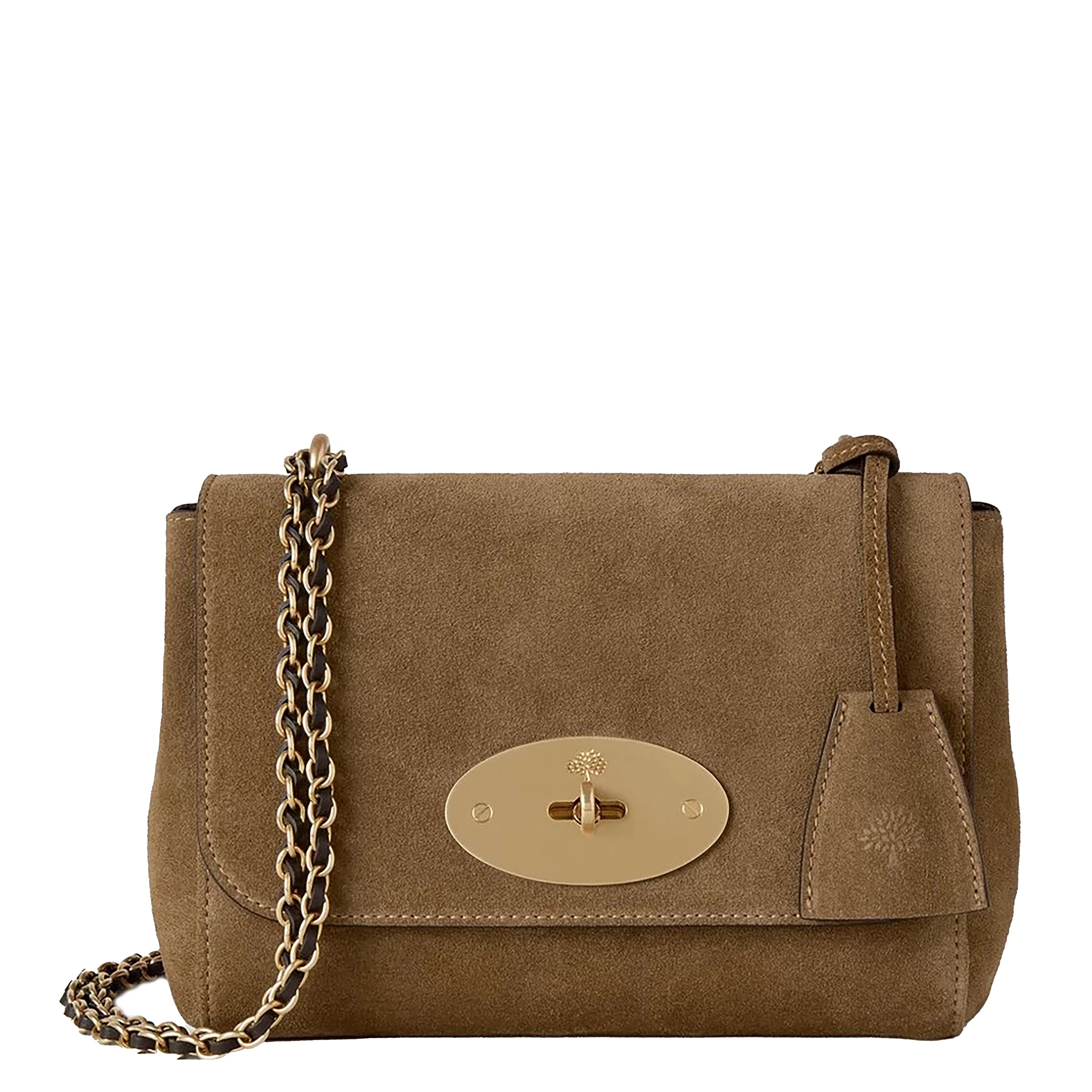 Brown handbag with a chain strap on a white background
