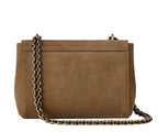 Brown handbag with a chain strap on a white background