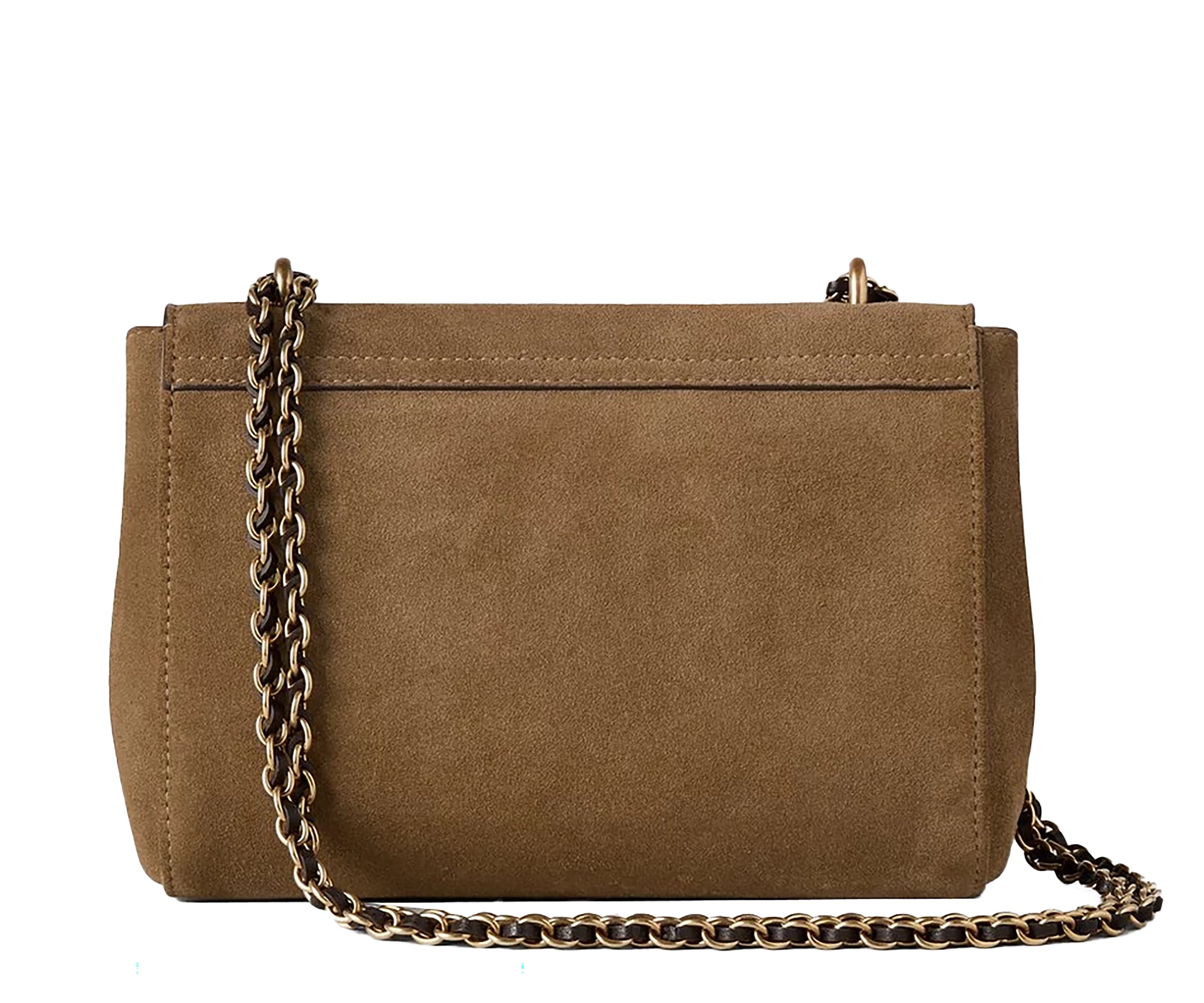 Brown handbag with a chain strap on a white background