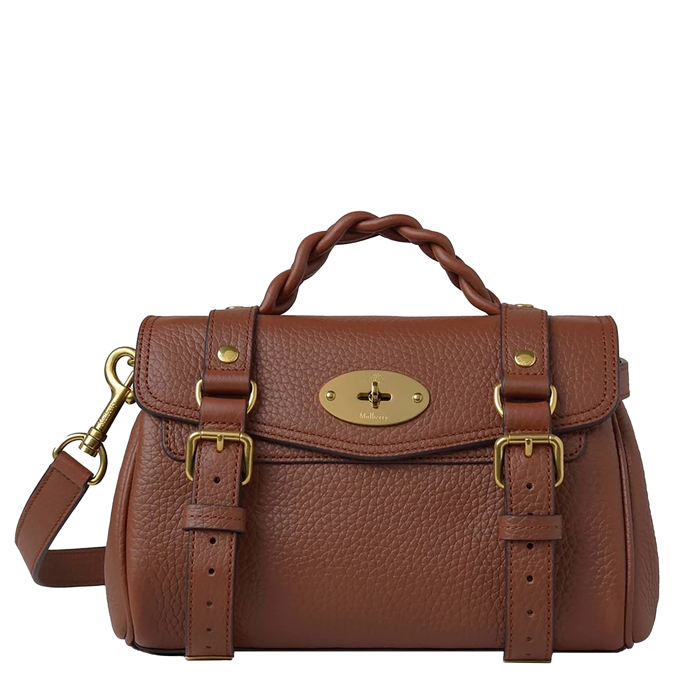 Brown leather handbag with gold hardware on a white background