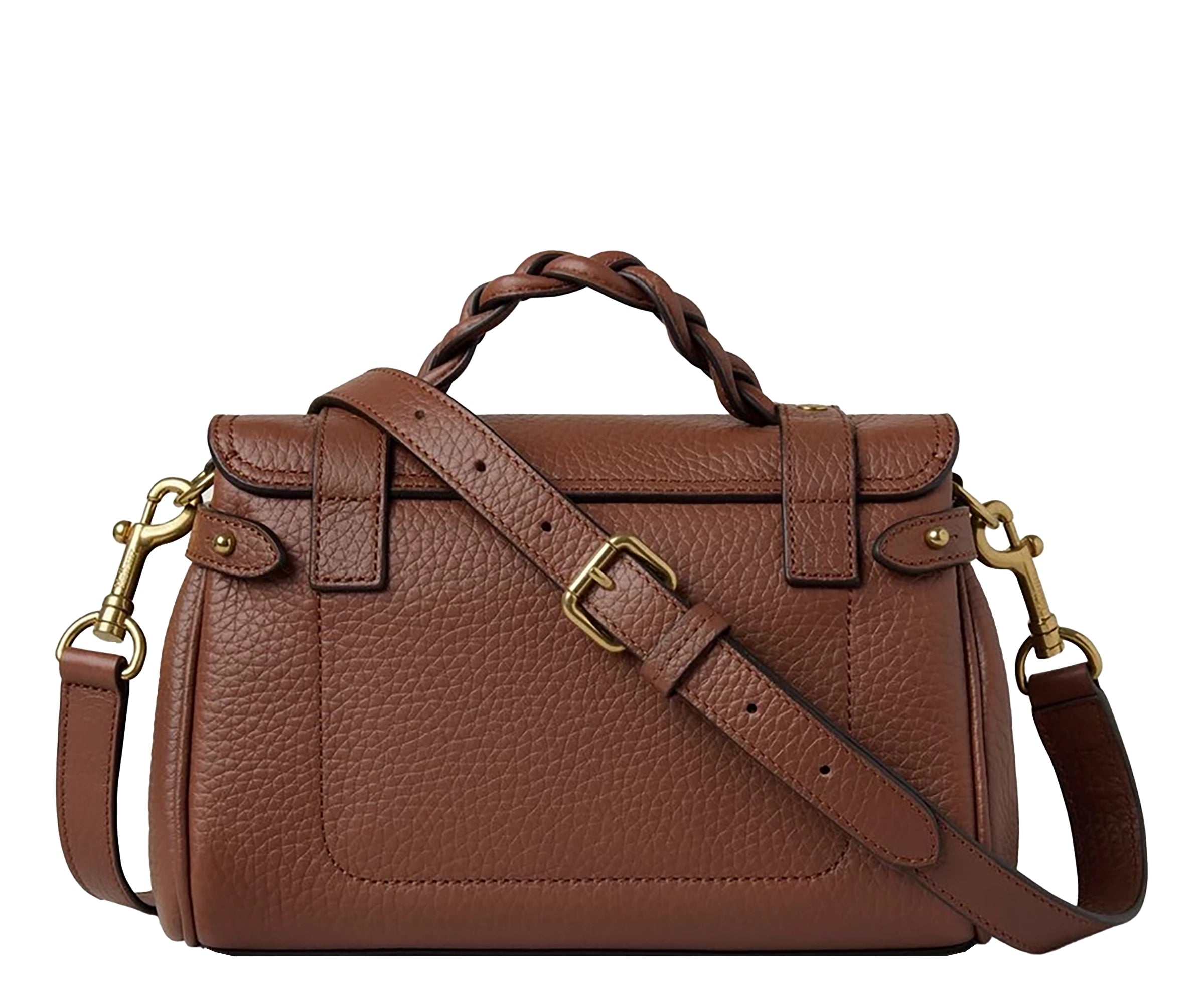 Brown leather handbag with gold hardware on a white background