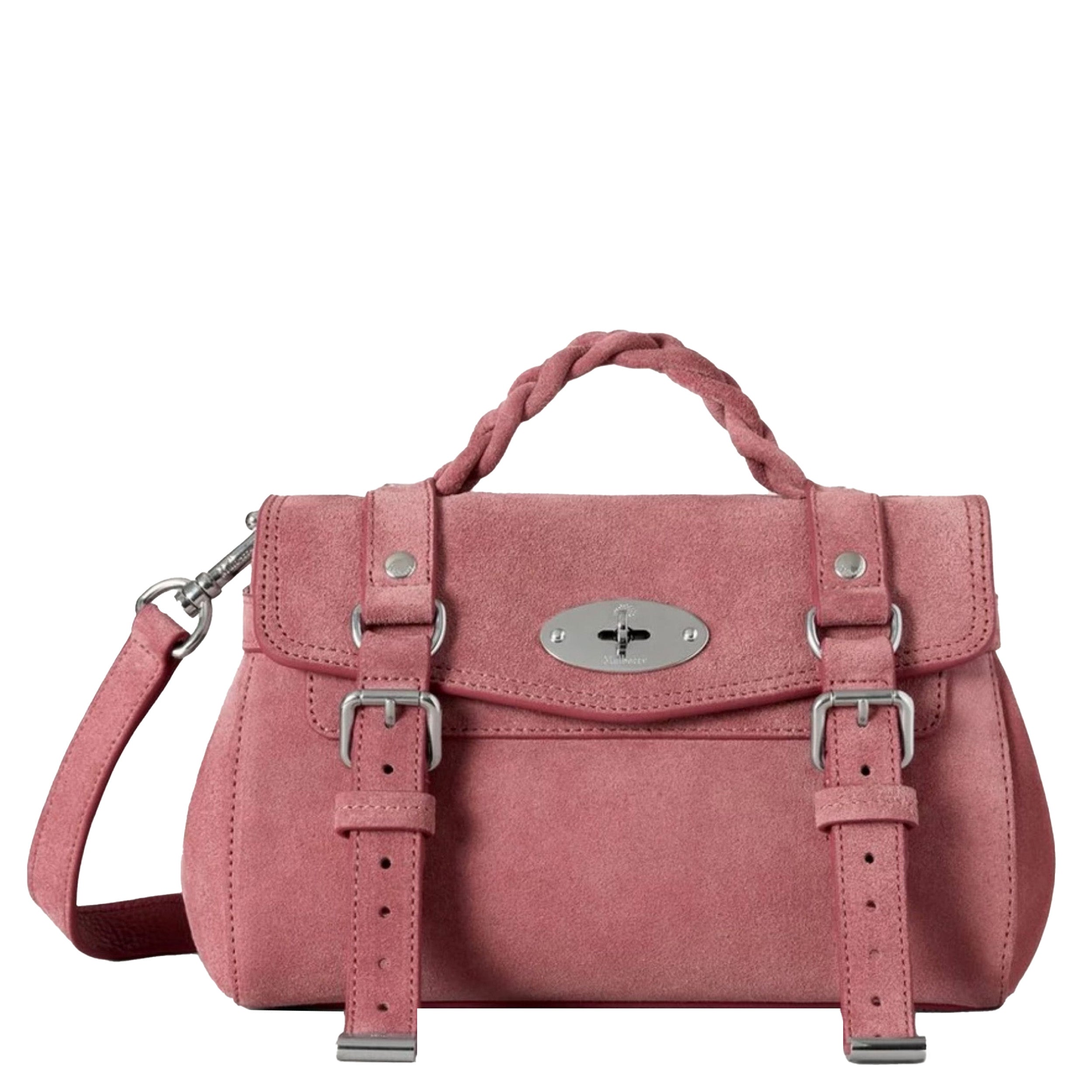 Pink handbag with silver buckles on a white background