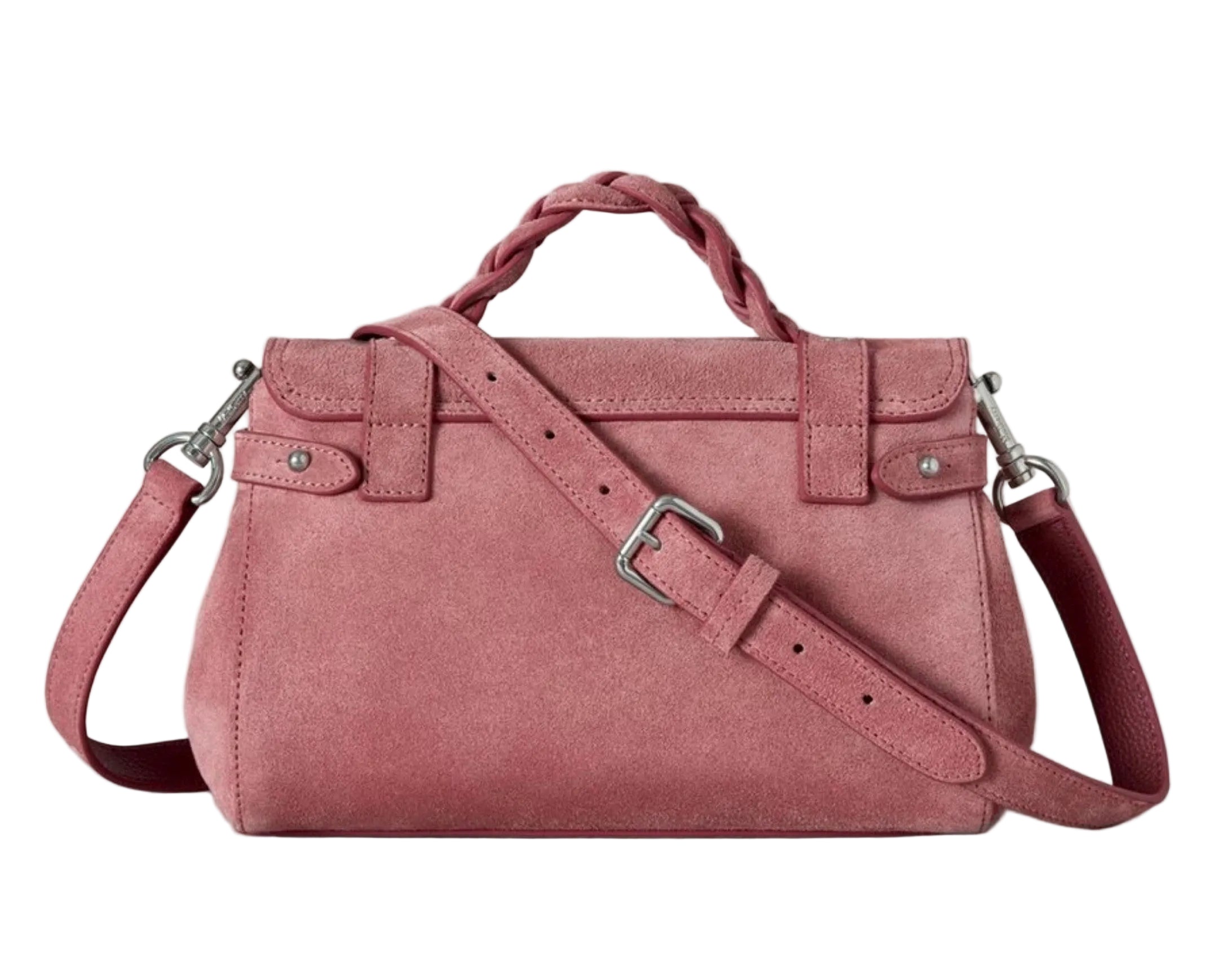 Pink handbag with a strap on a light gray background