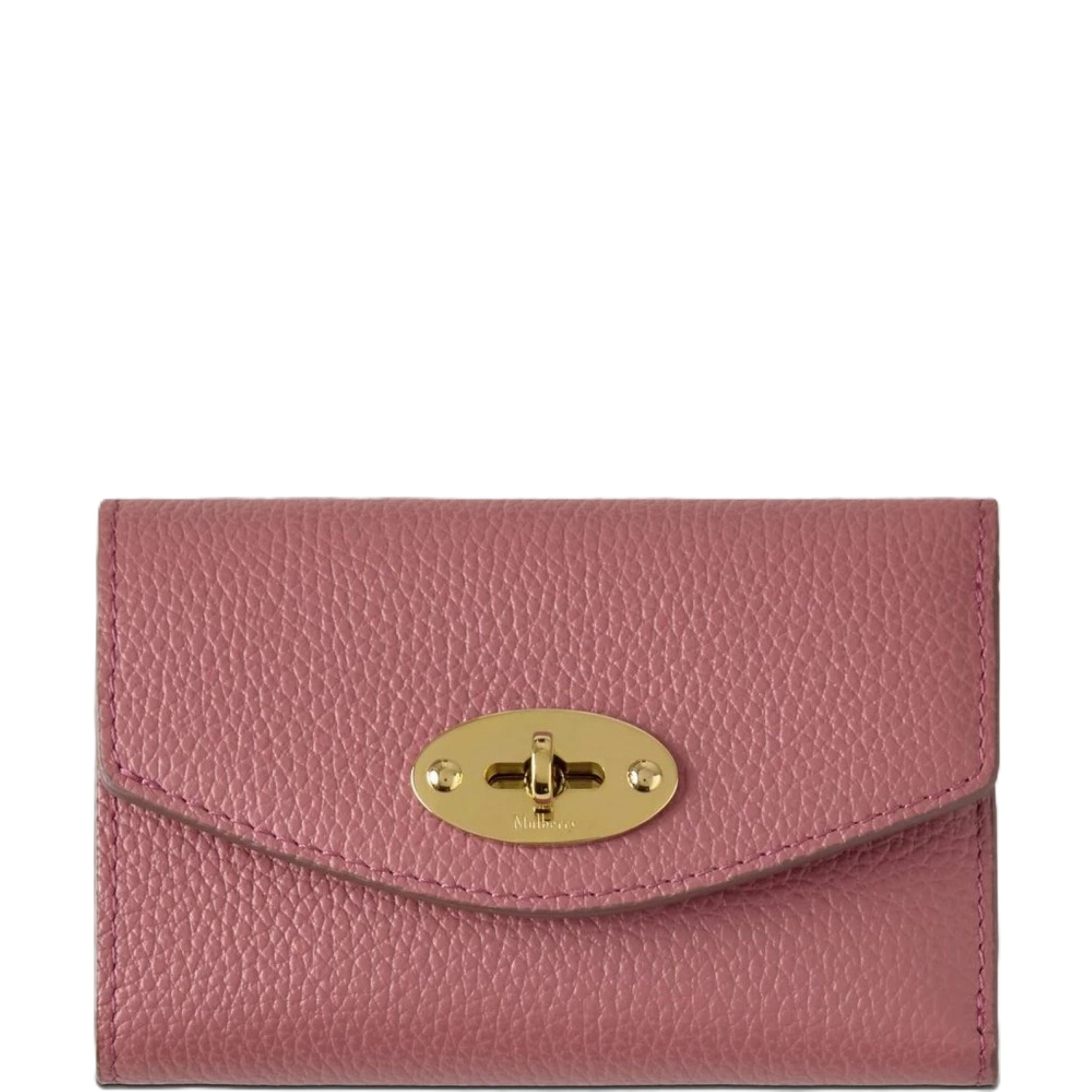 Pink wallet with a gold clasp on a white background