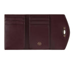 Brown leather wallet with a visible brand logo on a white background