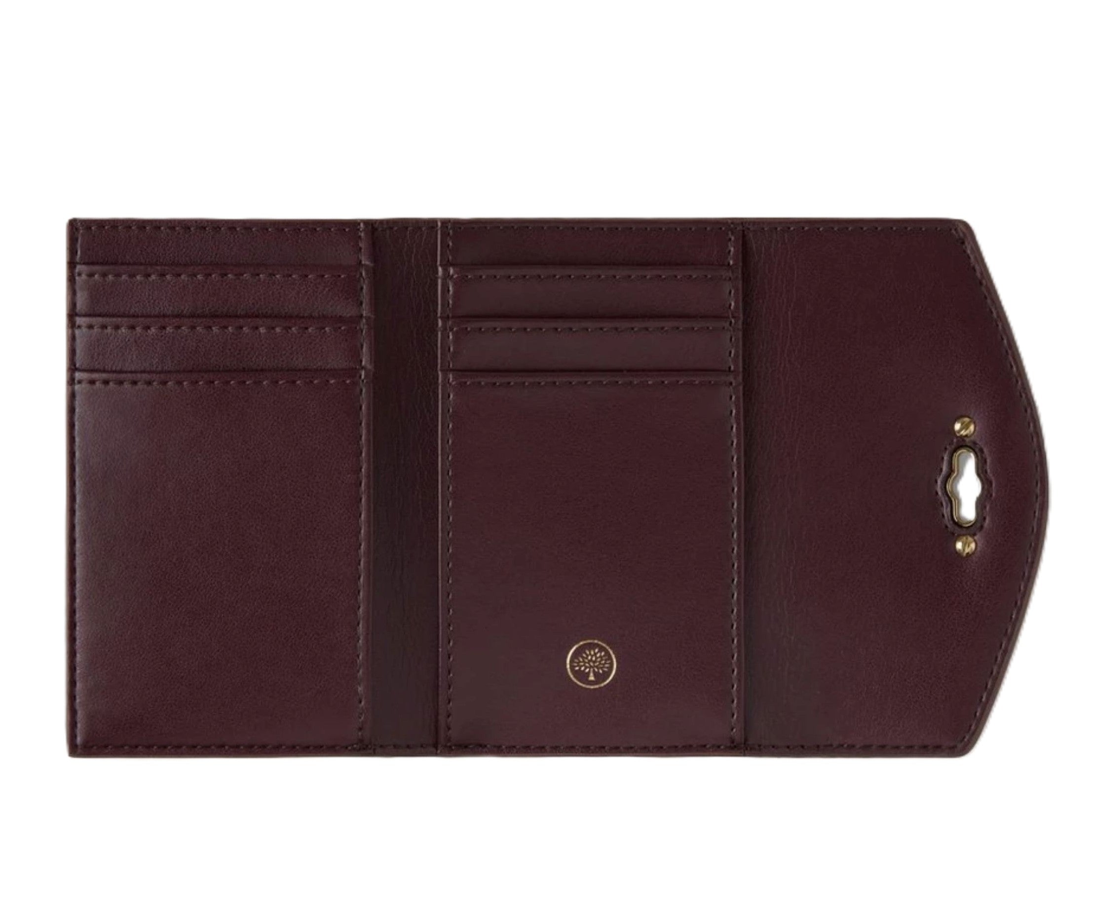 Brown leather wallet with a visible brand logo on a white background
