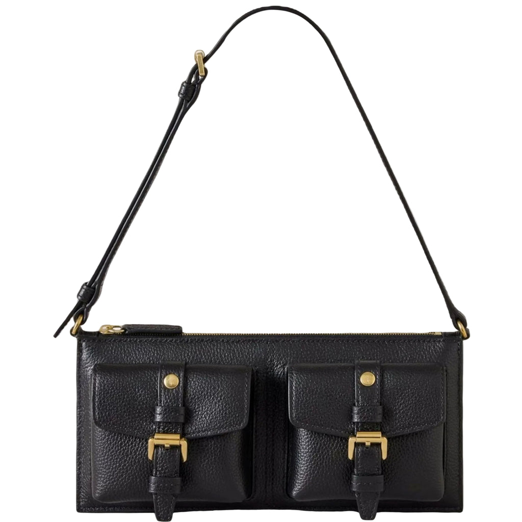 Black leather handbag with gold buckles on a light gray background