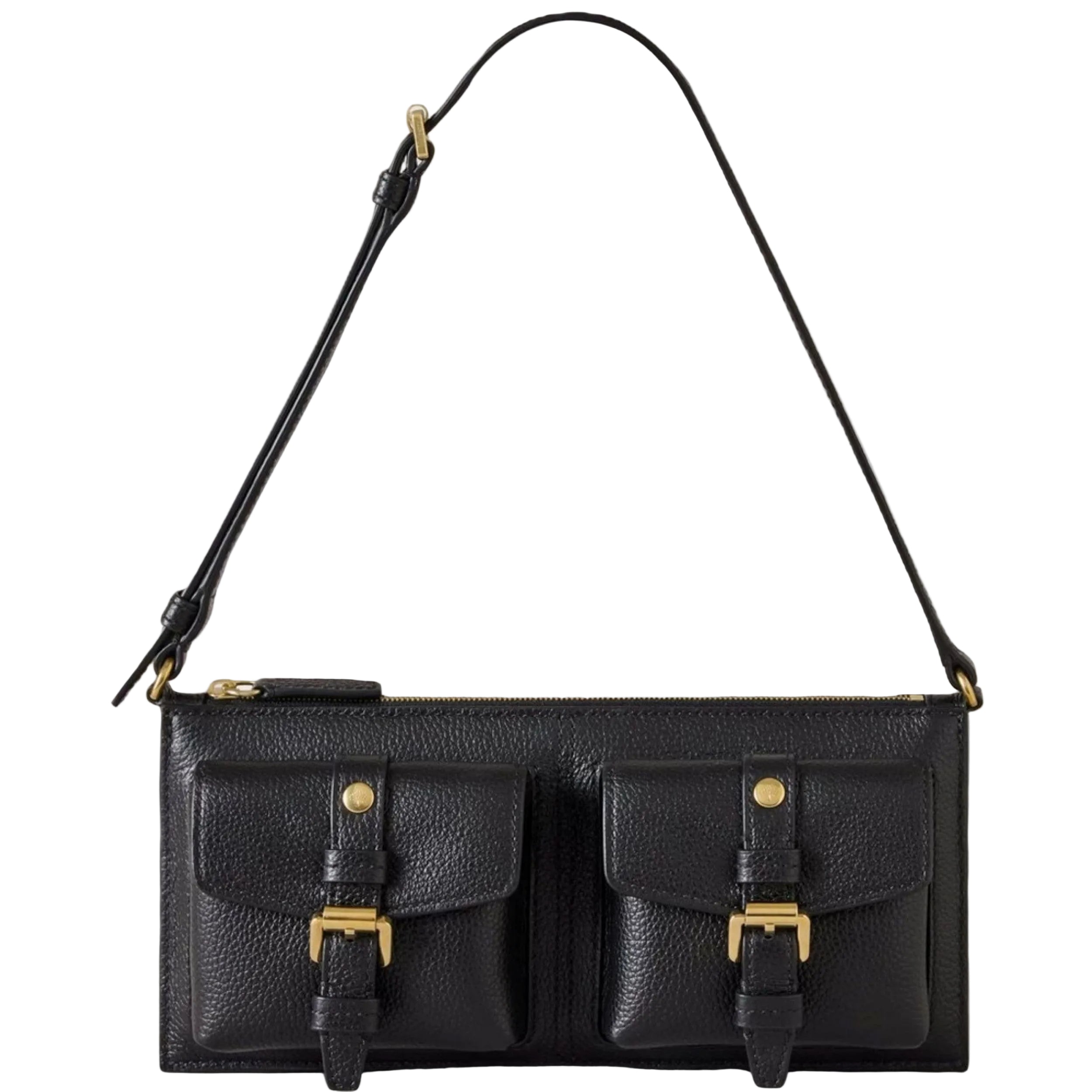 Black leather handbag with gold buckles on a light gray background