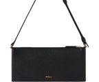 Black handbag with a strap on a white background