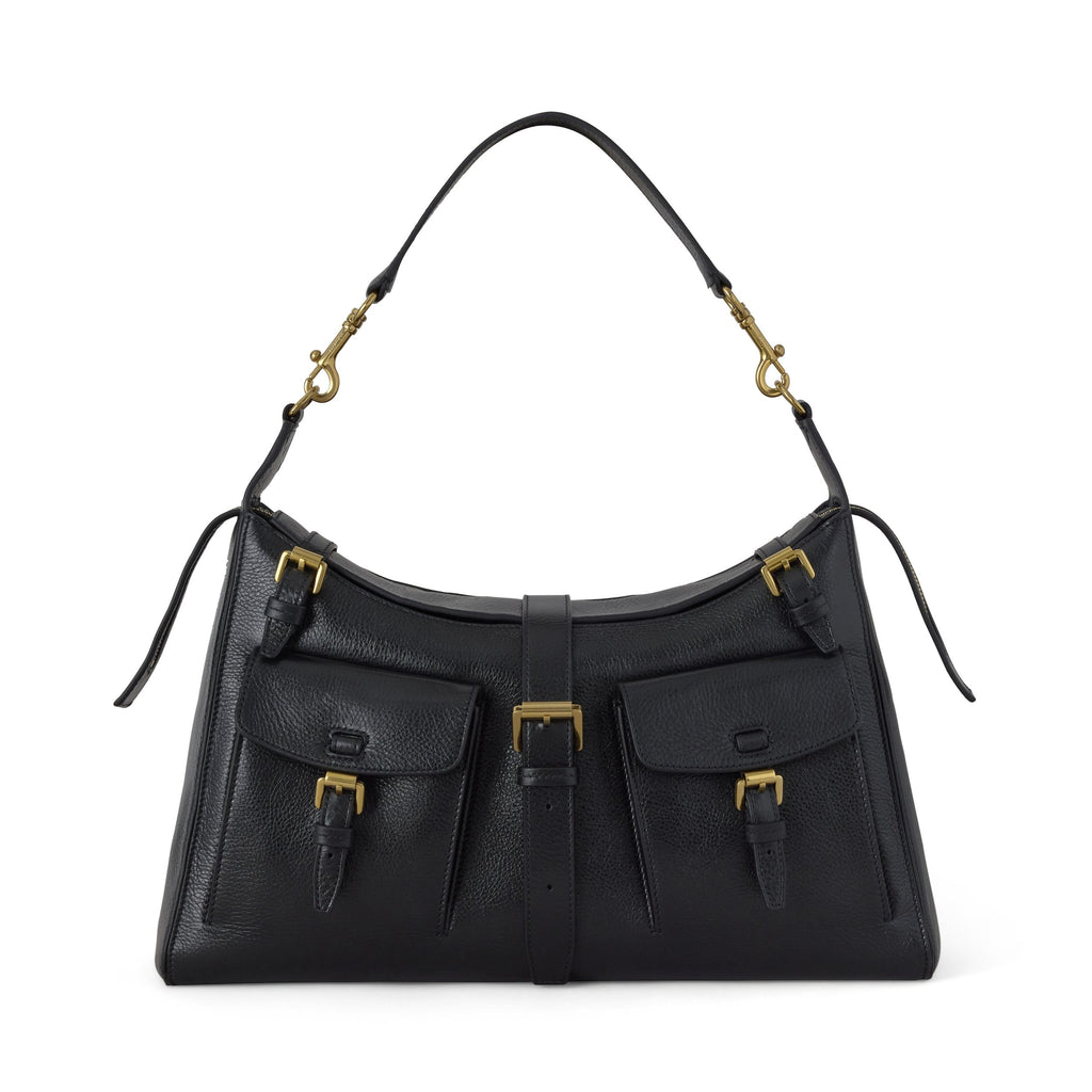 Black handbag with gold accents on a white background