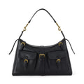 Black handbag with gold accents on a white background