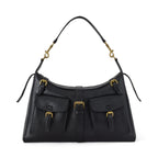 Black handbag with gold accents on a white background