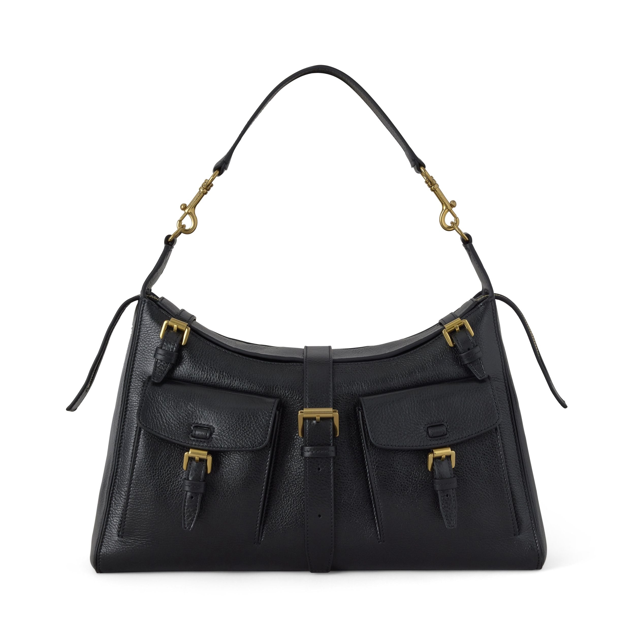 Black handbag with gold accents on a white background